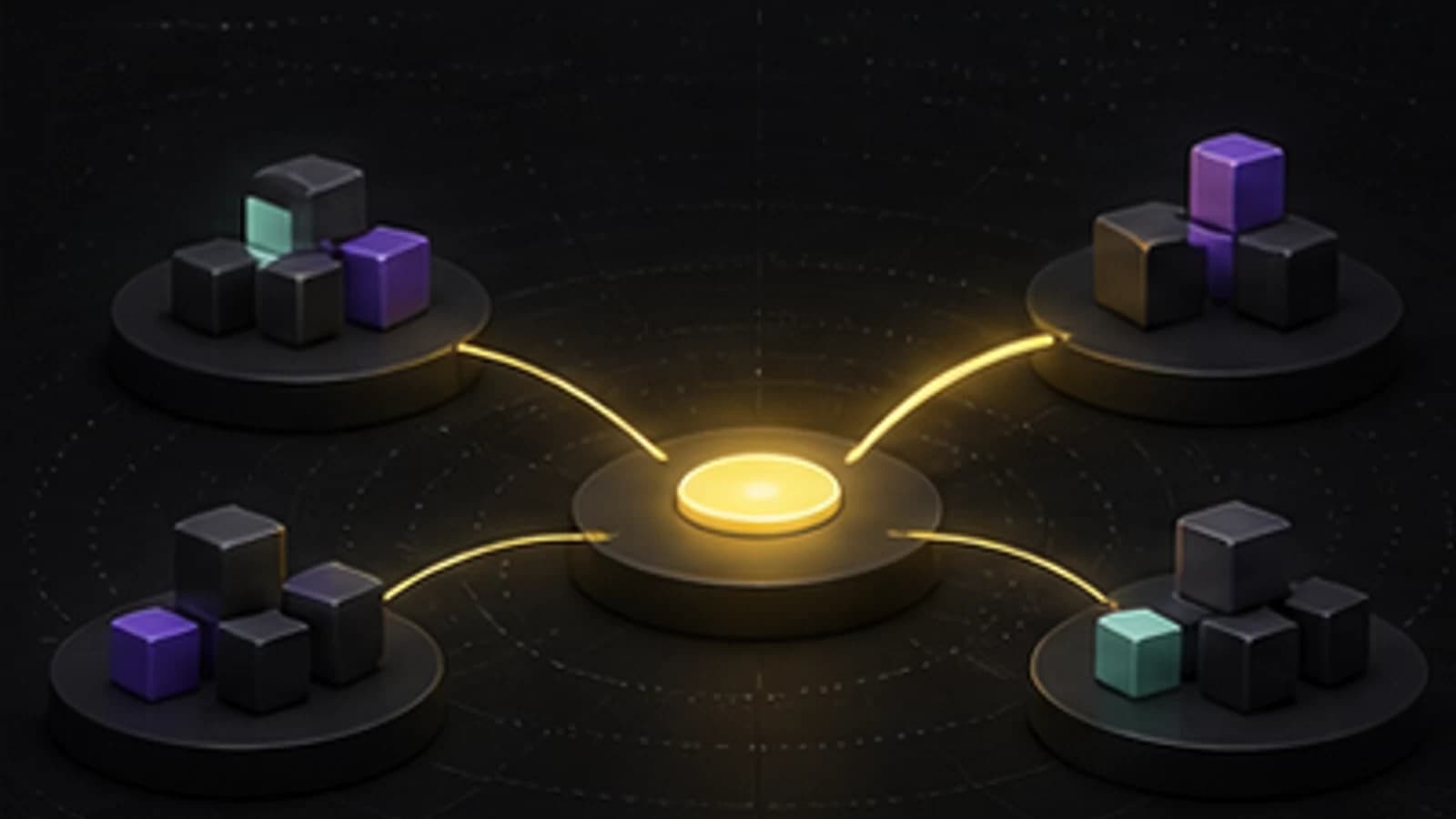 Separate business systems linked through one glowing connection hub